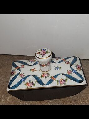 Hand-Painted Floral Porcelain Ink Blotter with Blue Ribbon Motif